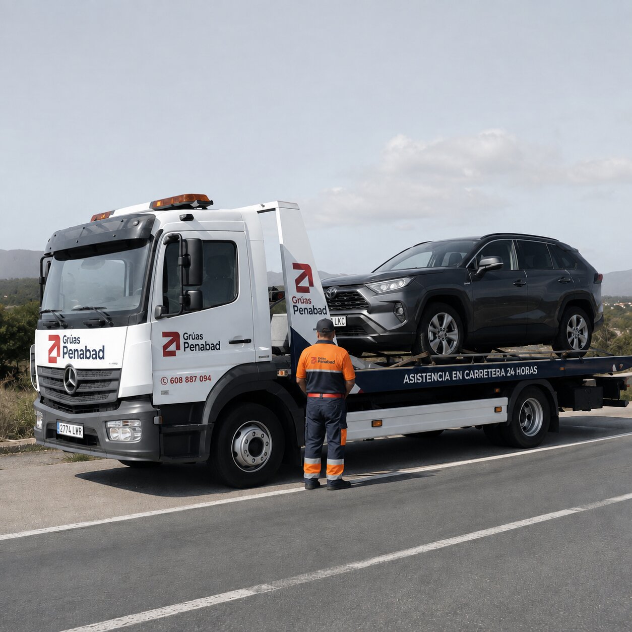 Equipo de Grúas Penabad cargando un vehículo en Xinzo de Limia